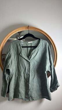 Milio-Milano Blend Double Gauze V-Neck Button Down Blouse in Sage Green